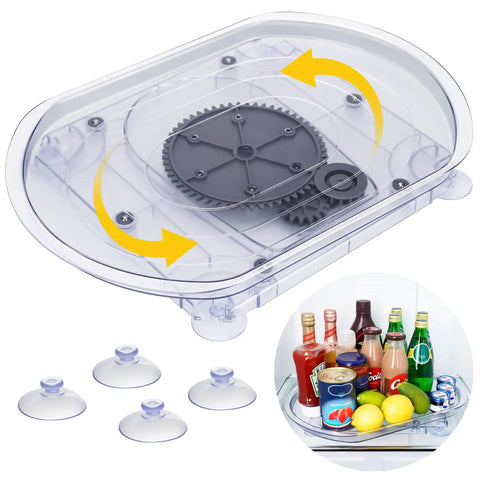 Refrigerator Lazy Susan Turntable Organizer 16.5 By 11 By 1.85 Inches Clear Plastic Tray With Suction Cups for fridge storage