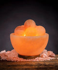 Fire Bowl Salt Lamp With Crystal Massage Balls Handcrafted From Pakistan, calming glow, on wooden base, home decor