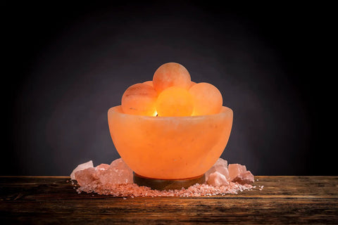 Fire Bowl Salt Lamp With Crystal Massage Balls Handcrafted From Pakistan, calming glow, on wooden base, home decor