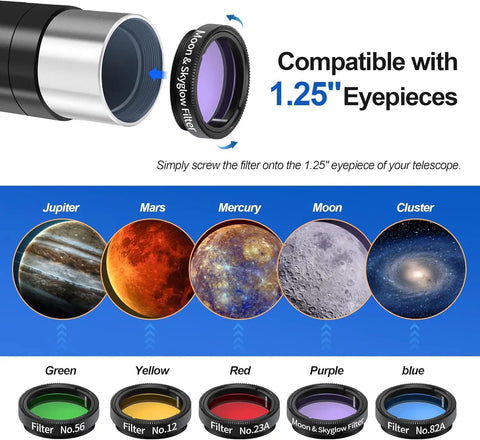 Five color filters for 150mm Aperture Reflector Telescope With Manual German Equatorial Mount 750mm Focal Length Includes 5 Color Filters And 3x Barlow Lens Beginner Friendly For Adults Black, labeled for planetary viewing.