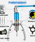 Diagram showing the Heavy Duty Hydraulic Bearing Puller And Separator Kit For Wheel Hub Removal With 20 Ton Capacity features and parts.