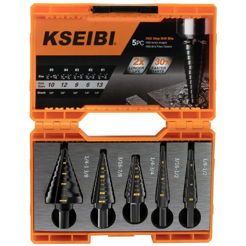 Step Drill Bit Set 5 Pc High Speed Steel Black Oxide HSS Pro Grade For Fast Hole Cutting In Metal And Stainless Steel in case