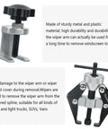 Beefed Up Dual Purpose Wiper Arm Puller Tool For Cars And Windshields, heavy-duty carbon steel, with text detailing durability.