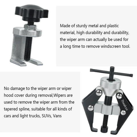 Beefed Up Dual Purpose Wiper Arm Puller Tool For Cars And Windshields, heavy-duty carbon steel, with text detailing durability.