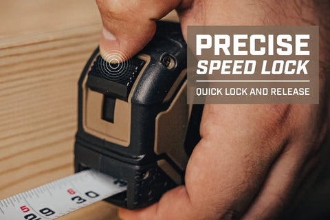 Hand using Rugged Tape Measure Set With 16 Foot and 25 Foot Measures, 1 1/8 Inch Blade, Double Sided White Markings on wood.