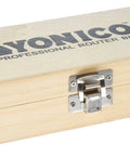 Straight Up Woodworking Essential Knockout Round Over Edge Router Bit Set Featuring Top Shelf Tungsten Carbide Blades storage box with metal latch.