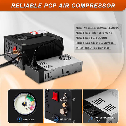 Heavy Duty Portable 4500PSI PCP Air Compressor With Oil-Free Pump Dual 12V DC And 110V 220V AC Power Built-In Cooling Fan Perfect For Filling Airguns Paintball Rifles And Pellet Guns Fast Reliable Performance