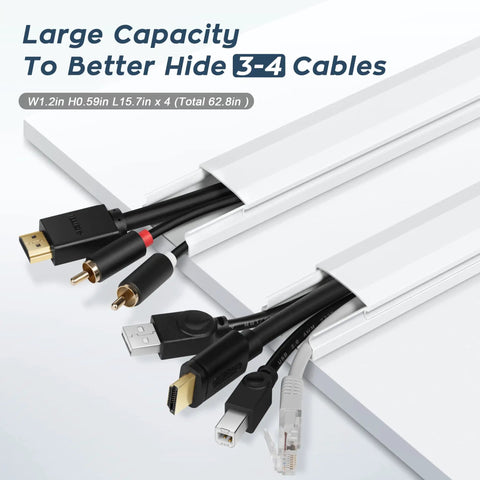 Ultimate TV Cord Hider Kit For Wall Mounted TVs, 62.8 Inch PVC Cable Concealer in white with various cables inserted