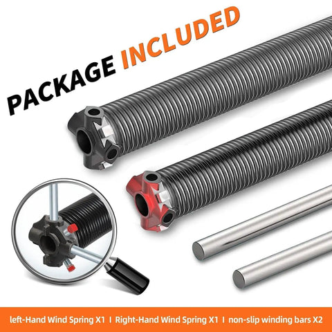 Garage Door Torsion Springs Pair 0.225 X 2 In X 30 In Dope Heavy Duty Steel With Aluminum Cones Precision Heat Treated Finish Abrasion Resistant Coating For Smooth Reliable Door Operation shown with winding bars.