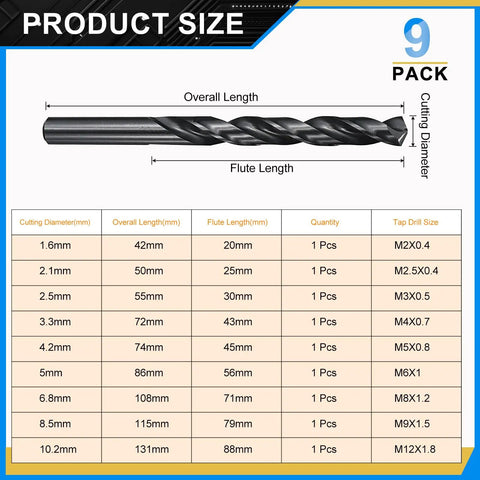 Heavy Duty 9 Pack Drill Bits From 1.6mm To 10.2mm M2 High Speed Steel Jobber Set For Metal Wood And Steel With Split Points size chart