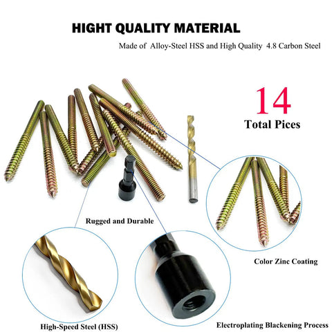 12 Pack 5/16-18 X 4 Inch Hanger Bolts With Alloy Steel Driver And HSS Twist Drill shown with 14 pieces of furniture hardware