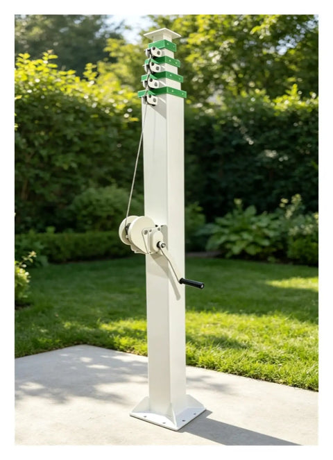 9 Meter Telescopic Mast With Double Steel Cable Hand Winch Manual Pump Hoist For Signal Antennas And Outdoor Lights in a garden setting.
