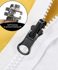 9 Piece Universal Zipper Repair Kit With Pulls And Stops For Jackets Luggage Backpacks And Outdoor Gear Grab And Go Quick Slider Replacement No Sew Fix In Three Sizes Small Medium Large Black And Silver on white fabric