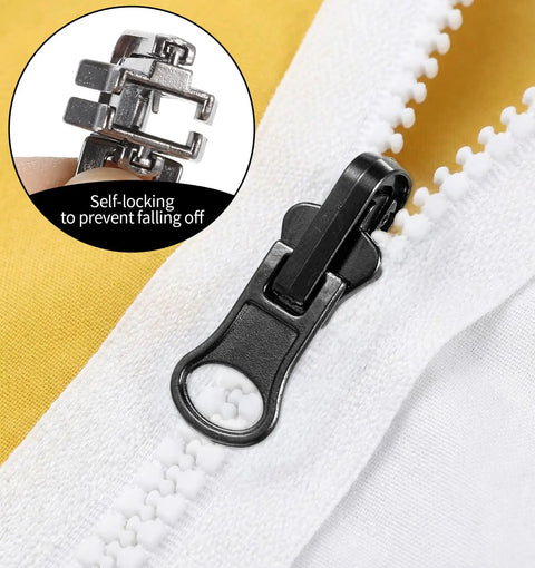 9 Piece Universal Zipper Repair Kit With Pulls And Stops For Jackets Luggage Backpacks And Outdoor Gear Grab And Go Quick Slider Replacement No Sew Fix In Three Sizes Small Medium Large Black And Silver on white fabric