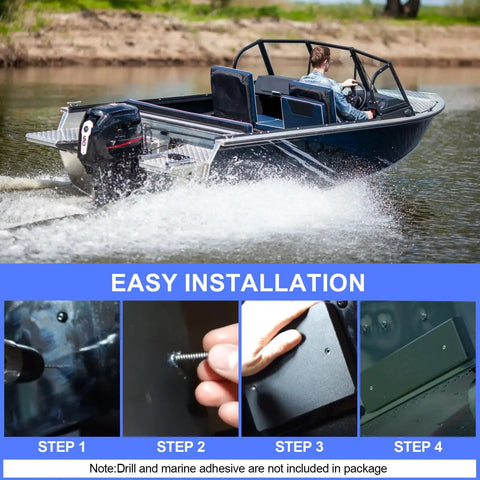 Boat in motion with dock-ready install steps for Boat Transducer Mounting Plate for Fish Finder and Sonar, 12x3.5x0.75 in HDPE