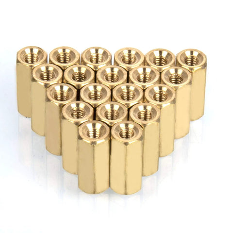 Close-up of brass standoffs from Raspberry Pi All-In-One Spacer Kit 160 Pieces M2.5 Brass Standoffs Nuts Screws Set For Raspberry Pi 4 Model B 3B 3B Plus Zero W 2B And More Easy Install Pro Accessories, arranged in a pyramid.