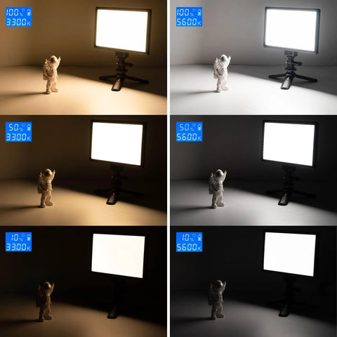 Ultra Thin 15W LED Video Light Panel With Pro-Grade Adjustable 3300K-5600K Color Temperature, shown at various brightness levels