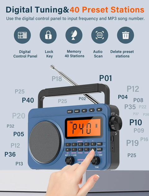 Person tuning Portable AM FM Shortwave Radio With NOAA Weather Alert, 4000mAh Rechargeable Battery, Big Speaker, Digital Tuner