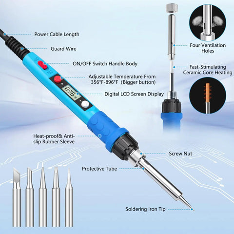 80W Digital Soldering Iron Kit With LCD Display, Ceramic Heater, Fast 20 Second Heat Up, Adjustable 180-480C, Pro Grade Portable Tool