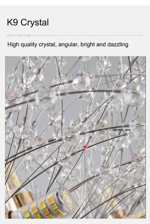 Crystal Bubble Sputnik Chandelier With Dope Firework Lights, close-up of K9 crystal petals and metal rods in gold finish