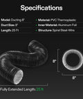 Heavy Duty 8 Inch Aluminum Foil Dryer Vent Hose For Efficient Airflow 25Ft Long Black Flexible Ducting Kit with specifications