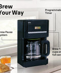 Quality Morning Coffee Made Easy With This Twelve Cup Programmable Drip Coffee Maker showing Brew Pause and programmable timer features.
