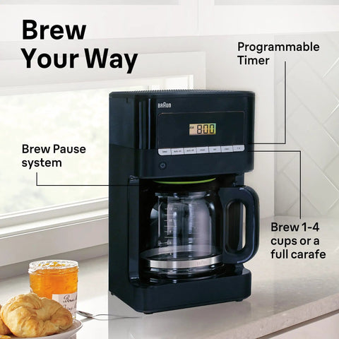 Quality Morning Coffee Made Easy With This Twelve Cup Programmable Drip Coffee Maker showing Brew Pause and programmable timer features.