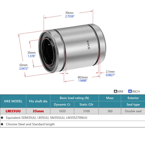 Premium LM35UU Linear Ball Bearings 35 X 52 X 70mm Double Sealed Shaft Guide Slide Bushing with precise dimensions and chrome steel.