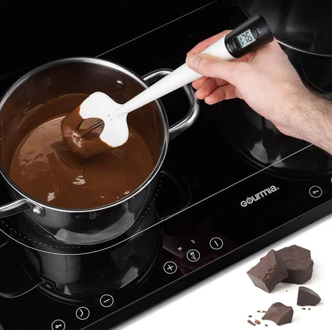 Instant Read Candy Thermometer Spatula With Built In Digital Temperature Reader measuring chocolate in pot