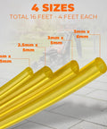 Four Size Fuel Line Hose Kit For 2 Cycle Small Engines Fits Trimmers Blowers Chainsaws And Lawn Mowers Includes Four Common Id And Od Sizes With Four Feet Of Fuel Line For Easy Replacement And Wide Compatibility Budget Friendly displayed with measurements in background.