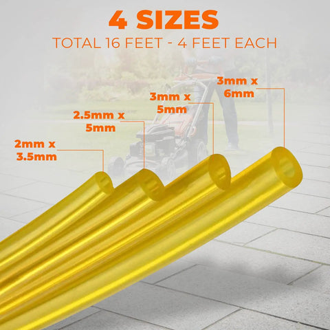 Four Size Fuel Line Hose Kit For 2 Cycle Small Engines Fits Trimmers Blowers Chainsaws And Lawn Mowers Includes Four Common Id And Od Sizes With Four Feet Of Fuel Line For Easy Replacement And Wide Compatibility Budget Friendly displayed with measurements in background.