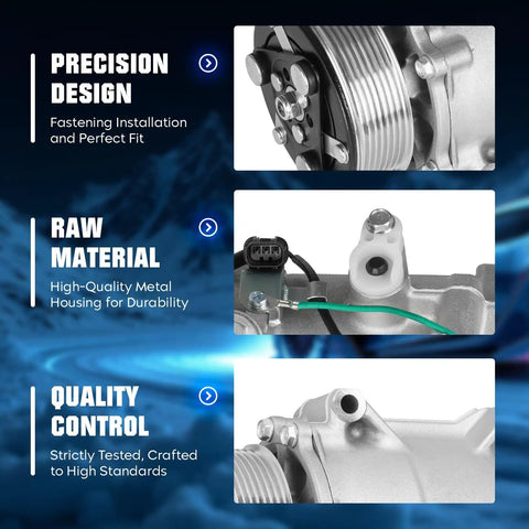 Close-up of Heavy Duty Air Conditioning Compressor showing precision design, high-quality metal housing, and quality control features.