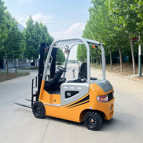 Heavy Duty Electric Forklift Truck Rolled Out As A Straight Shooter Warehouse Workhorse For Narrow Aisles And Heavy Cargo Hauling With No Hassle Counterbalance Lifting Power, side view on a tree-lined street.