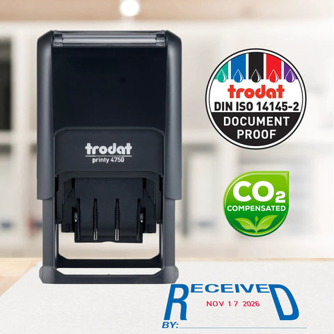 Self Inking Date Stamp Prints Bold Red Dates And Crisp Blue Text To Keep Office Files And Invoicing Totally Streamlined So You Never Have To Sweat Paperwork Again, compact design, 1x1.6in, Trodat printy 4750.