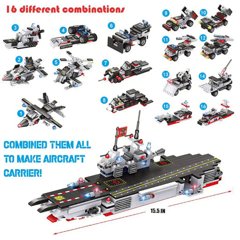 Massive 825 Piece Navy Battle Fleet Building Set 8 In 1 Aircraft Carrier shown with jets, helicopter, tanks, and vehicles.