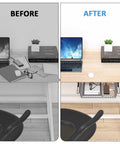 Before and after of Slide Out Under Desk Storage Drawer Metal Cable Management Tray With Self Adhesive Mount No Drill Needed