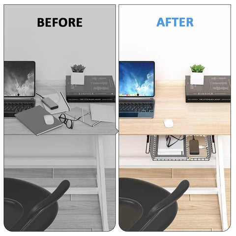 Before and after of Slide Out Under Desk Storage Drawer Metal Cable Management Tray With Self Adhesive Mount No Drill Needed