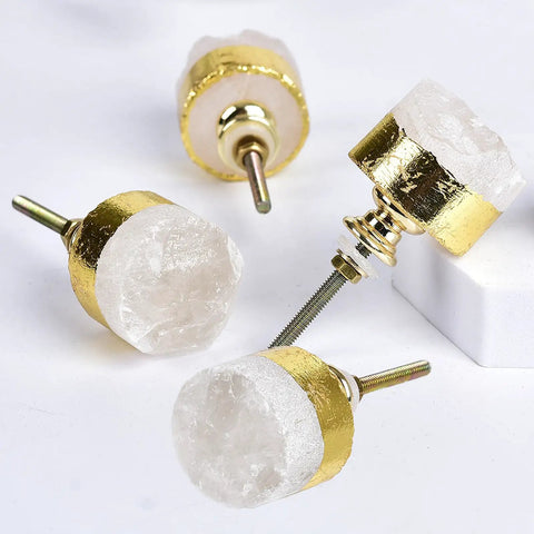 Four Pack Real Deal Natural Clear Quartz Crystal Cabinet Knobs With Gold Plated Solid Brass Base For Drawers And Dressers Smooth Everyday Premium Hardware, 1.5 inch round knobs.