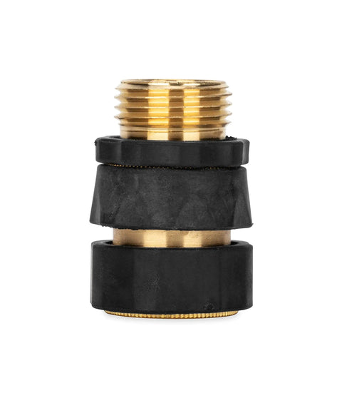Five Eighths Inch Brass And Steel Quick Hose Disconnect Kit With One Female And Three Male Fittings No Fuss Easy Connect Auto Shut Off When Disconnected CSA Low Lead Compliant, showing a brass male fitting.