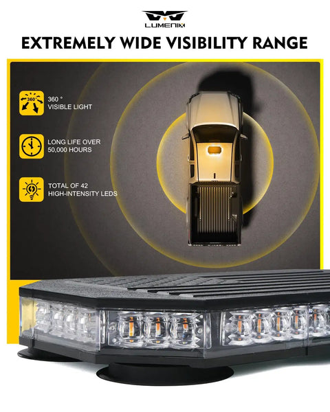American Flag Pattern Rooftop Strobe Beacon Bar With Controller For Construction Vehicles And Work Trucks White Amber LED Emergency Warning Light Snowplow Patented Design shown on vehicle roof, emphasizing 360° light visibility.