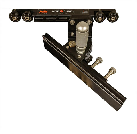 Miter Slide II Precision Miter Slot Accessory with dual aluminum tracks, extruded aluminum body, and heavy duty locking handle for router tables.