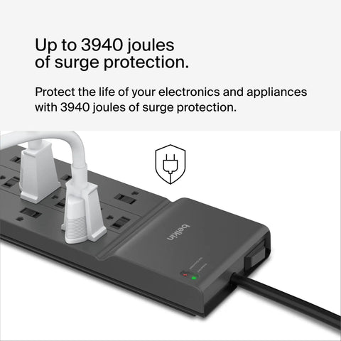 Image of an 8 Outlet Surge Protector Power Strip With 6 Foot Flat Plug Heavy Duty Extension Cord Overload Protection 3550 Joules.