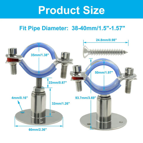 Two Pack Stainless Steel Pipe Mount Brackets For Ceiling Or Wall Fits 1.5 Inch Outer Diameter Pipes Adjustable Height From 30 To 50 mm Heavy Duty 304 Grade Clamp With Screws Easy Install Pipe Support System, showing size and dimensions with screws.