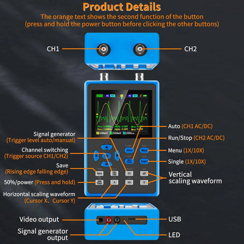 Dual Channel Handheld Digital Oscilloscope Kit With Two Point Eight Inch TFT Display 120 MHz Bandwidth 500 MSPS Sampling