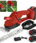 Bad Boy Cordless Grass Shears And 21V Mini Hedge Trimmer in bright red with dual blades and batteries.