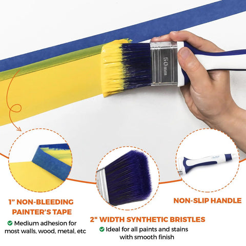 1605164636-alt014-20 Piece Small Paint Roller Kit With 4 Inch And 2 Inch Rollers, Microfiber And Foam Covers, 2 Inch Flat Brush, Handy Tray With Liners, Painter Tape, And Stirrer For DIY Walls, Cabinets, And Touch Ups. Yellow paint with non-slip handle and synthetic bristles on white background.