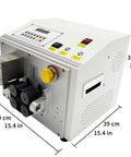 Heavy Duty Automatic Tube Cutter With Fast Stepper Motor And Dependable Belt Feed Cuts PVC Silicone Heat Shrink Teflon Tubing, showing control panel and dimensions.