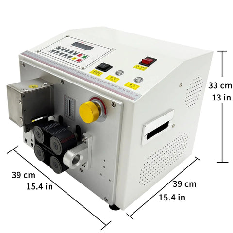 Heavy Duty Automatic Tube Cutter With Fast Stepper Motor And Dependable Belt Feed Cuts PVC Silicone Heat Shrink Teflon Tubing, showing control panel and dimensions.