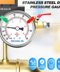 Rock Solid Stainless Steel Vacuum Gauge Reads Dead Accurate With A Weatherproof Two Inch Dial And One Quarter Inch NPT Thread Built Heavy Duty For HVAC And Air System Service Featuring A Locked Lower Mount Design That Stays Put For Zero Fuss Performance showing a close-up of the dial and fittings.