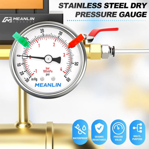 Rock Solid Stainless Steel Vacuum Gauge Reads Dead Accurate With A Weatherproof Two Inch Dial And One Quarter Inch NPT Thread Built Heavy Duty For HVAC And Air System Service Featuring A Locked Lower Mount Design That Stays Put For Zero Fuss Performance showing a close-up of the dial and fittings.